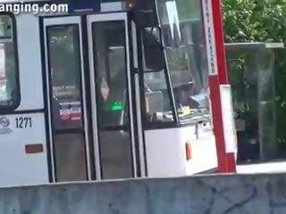 Swell risky public dirty movie threesome orgy by a tram stop second part